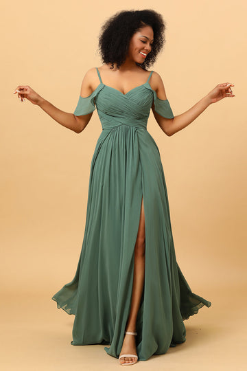 Eucalyptus A Line Spaghetti Straps Chiffon Bridesmaid Dress with Slit